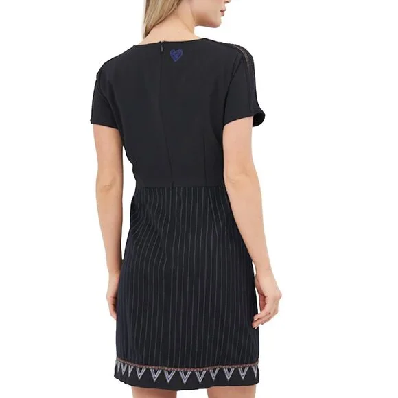 DESIGUAL  Pinstripe Lace Shoulder & Embroidered Hem Black Sheath LBD Dress EU 40 - Picture 3 of 11